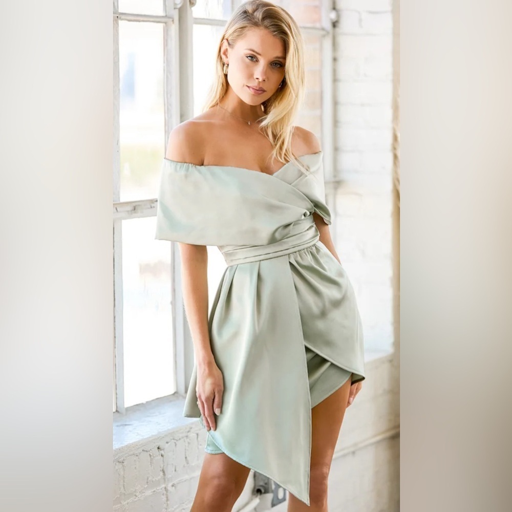 Lulus Always Celebrating Sage Green Satin Off -the -Shoulder Mini Dress. Size S